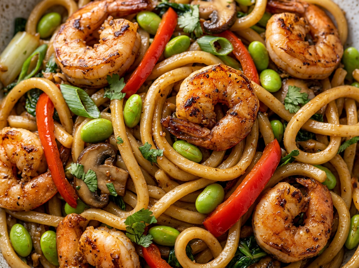 Udon noedels met garnalen, edamame en paprika