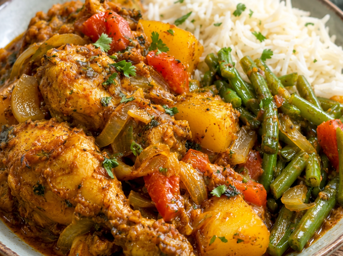 Kipcurry met rijst, aardappel en sperziebonen